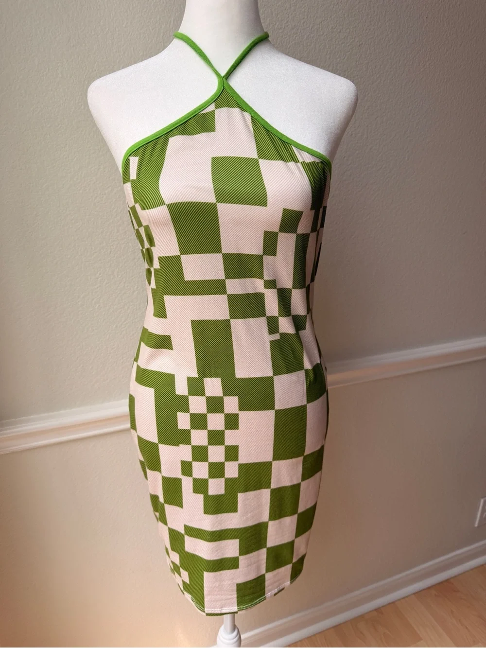 Papaya‎ Green Geometric Halter Mini Dress Y2K Mod Checkerboard Bodycon Medium